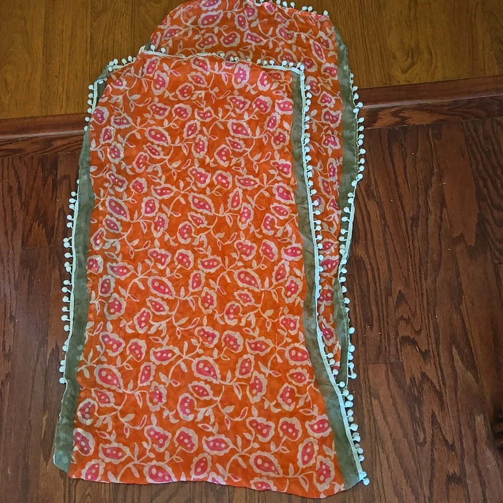 Candies Orange Pink Mint Sage Green Aqua Floral Scarf pompoms 68x18